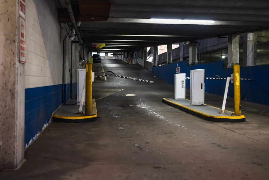 Entrance and exit lanes of a multi-level parking garage