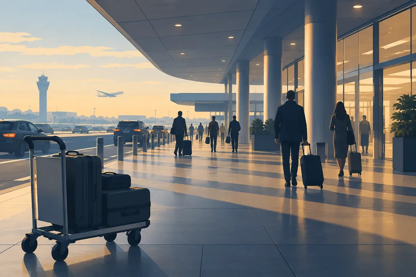 Illustration of an airport terminal building exterior with an aircraft at the gate
