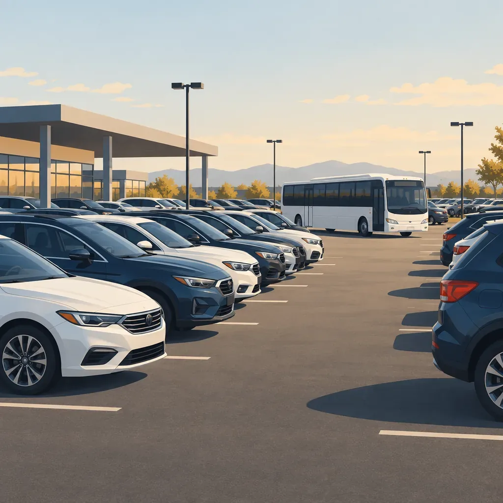 Illustration of a rental car lot with a shuttle bus