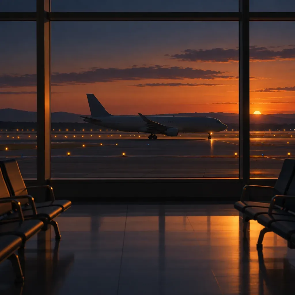Illustration of an airport departures board and a jet bridge
