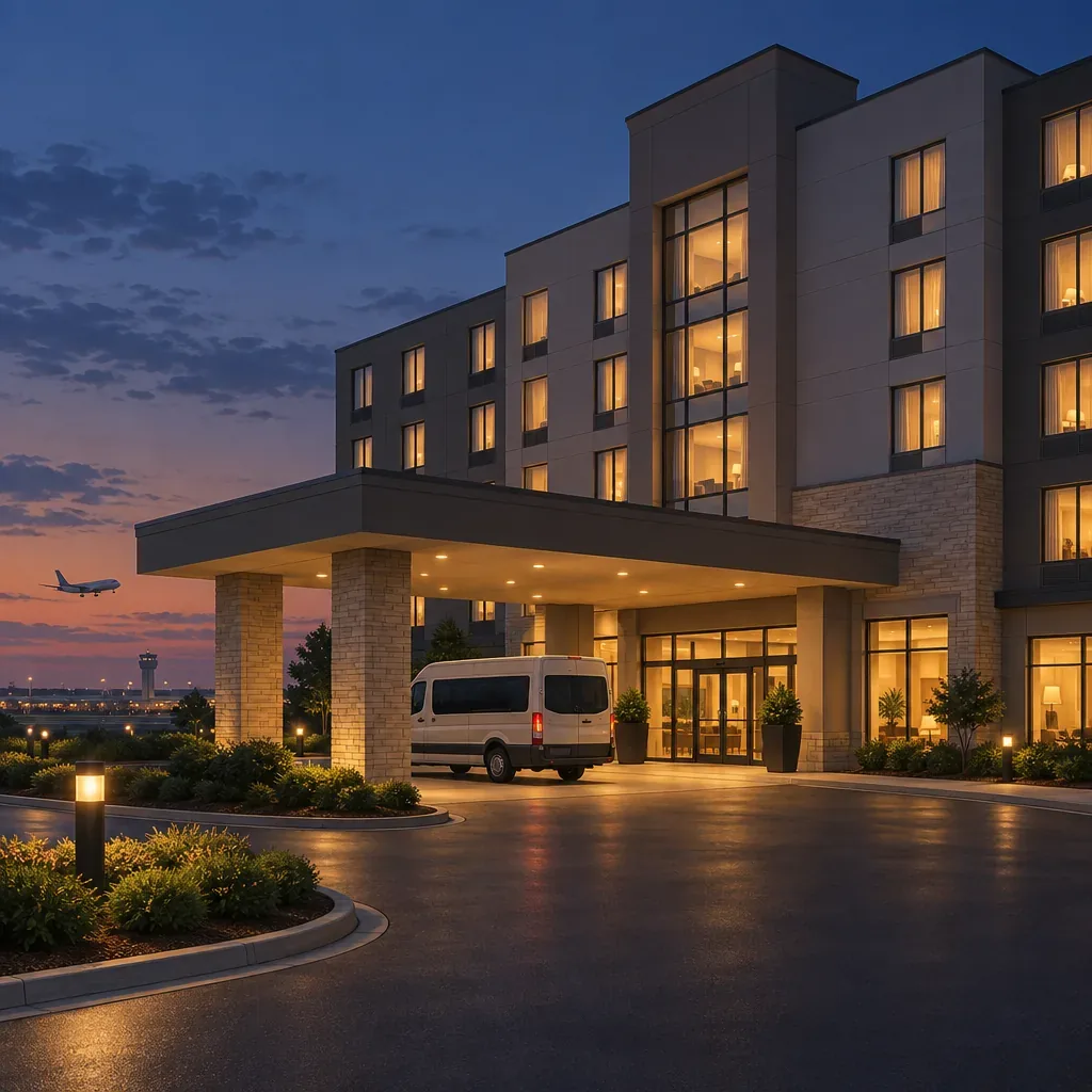 Illustration of an airport-area hotel exterior with a shuttle bus
