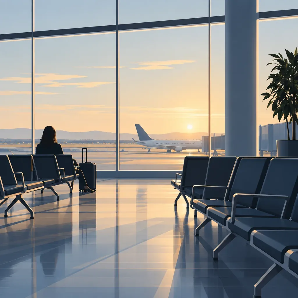 Illustration of an airport terminal concourse with gate signage