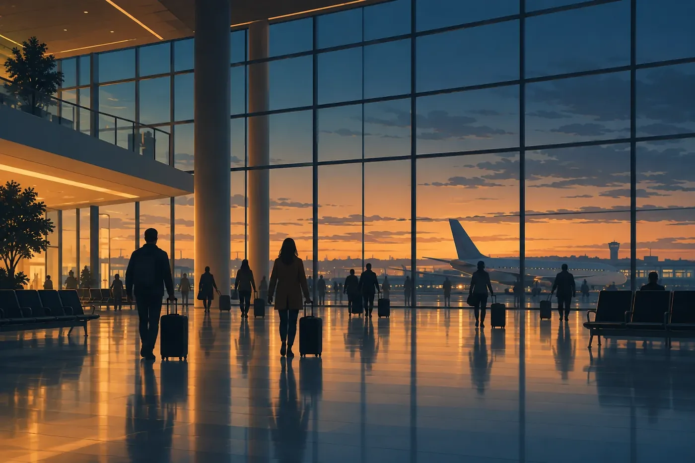 Illustration of an airport departure hall with travelers and rolling luggage