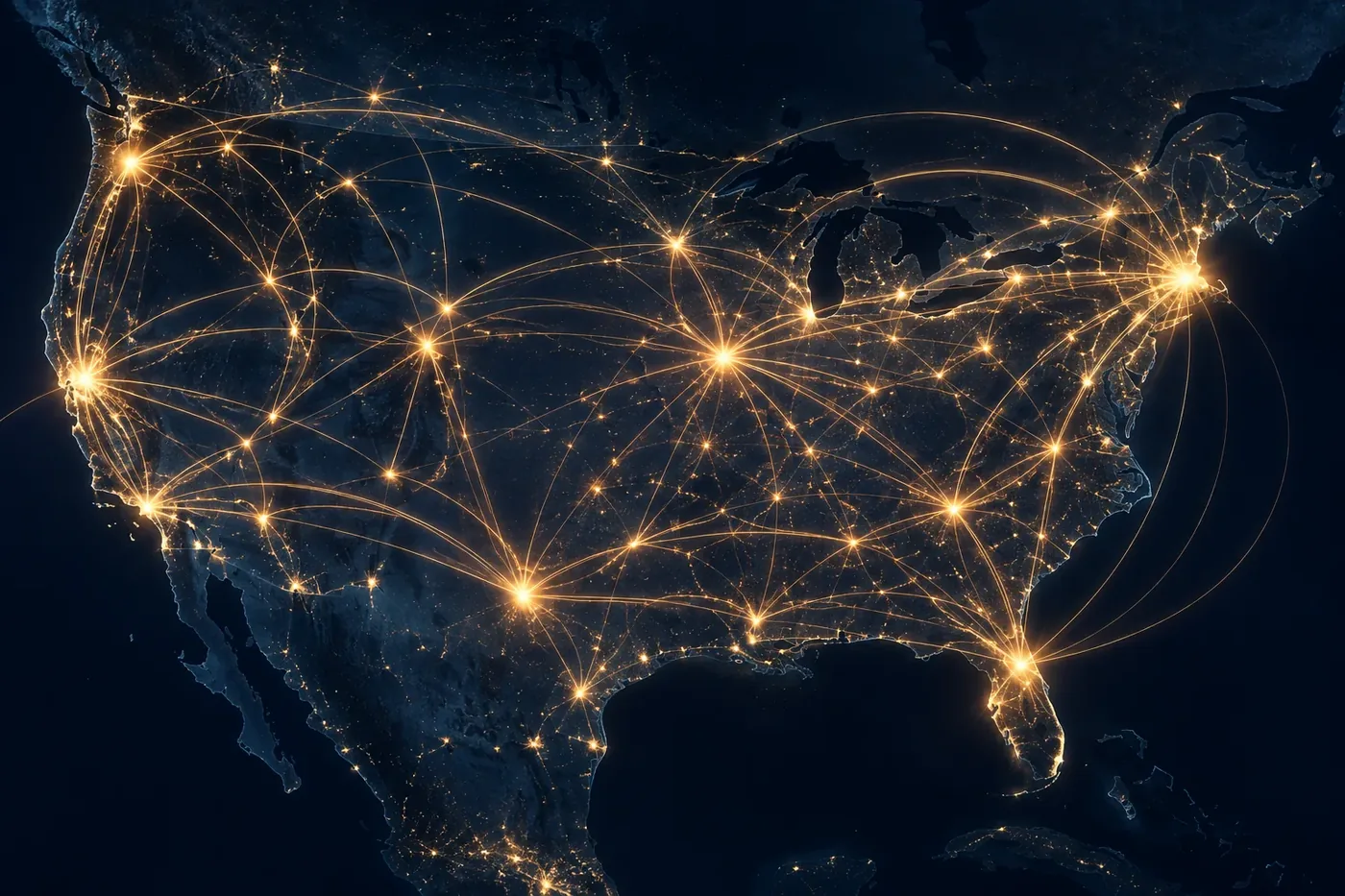 Illustrated stylized map graphic of the United States with airport route lines